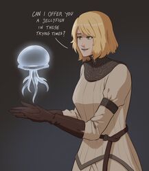  :d aurelia_(elden_ring) blonde_hair bob_cut brown_gloves dress elden_ring english_text female francisco_mon gloves green_eyes grey_dress highres it&#039;s_always_sunny_in_philadelphia jellyfish meme parody parted_lips roderika_(elden_ring) smile solo 