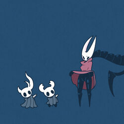  2others alternate_form arthropod_girl black_eyes black_skin blank_eyes blue_background blush breasts broken_vessel_(hollow_knight) cloak cloak_lift colored_skin commentary female flashing full_body grey_cloak groin hands_up height_difference high_collar hollow_knight hornet_(hollow_knight) joints knight_(hollow_knight) legs lifting_own_clothes looking_at_another monster multiple_others no_panties nosk_(hollow_knight) red_cloak sakana_2-gou shiny_skin simple_background small_breasts solid_oval_eyes standing sway_back thighs weapon weapon_on_back 