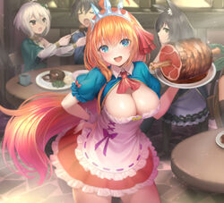  1boy 3girls :d ahoge animal_ears ascot black_hair blue_eyes blurry blush boned_meat bow breasts cat_ears cat_girl chair circle_skirt cleavage closed_eyes commentary dress feeding floor food fork frilled_dress frilled_sleeves frills hair_between_eyes hair_ribbon hand_on_own_hip highres holding holding_plate karyl_(princess_connect!) kokkoro_(princess_connect!) large_breasts long_hair looking_at_viewer low_neckline meat mizuya_nao multiple_girls open_mouth orange_hair pecorine_(princess_connect!) plate princess_connect! puffy_short_sleeves puffy_sleeves purple_bow red_ascot red_bow red_ribbon ribbon ribbon_trim see-through see-through_sleeves short_sleeves sitting smile standing table tiara very_long_hair waitress white_hair yellow_bow yuuki_(princess_connect!) 