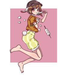  animal_ears barefoot blush border brown_hat cabbie_hat commentary_request dango eating feet female flat_cap floppy_ears food full_body hat highres midriff one-hour_drawing_challenge orange_shirt pink_background rabbit_ears rabbit_girl rabbit_tail red_eyes renshirenji ringo_(touhou) shirt short_hair shorts solo striped_clothes striped_shorts tail toes touhou wagashi white_border yellow_shorts 