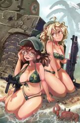  2girls bandana baseball_cap beach besthetz bikini blonde_hair breasts brown_hair bullet_hole camouflage camouflage_bikini cleavage commentary crab english_commentary fio_germi glasses gun hat highres kasamoto_eri kneeling m4_sherman metal_slug military military_vehicle motor_vehicle multiple_girls ponytail pump_action shell_casing shotgun spas-12 submachine_gun swimsuit tank uzi water weapon 