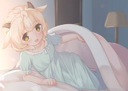  animal_ears bed bedroom blonde_hair blue_dress blue_nightgown brown_eyes dress female horns indoors lamp lifting_covers looking_at_viewer lying nightgown on_side open_mouth original pillow sakumofu_(sak2mof2) sheep_ears sheep_girl sheep_horns short_hair short_sleeves sleepwear slit_pupils smile solo under_covers 