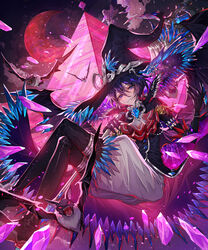  1boy absurdres ascot bat_(animal) black_jacket blue_eyes blue_gloves blue_hair blue_headwear boots cape commentary_request copyright_name crystal decarabia_(megido72) elbow_gloves gloves hat highres holding holding_staff jacket long_sleeves looking_at_viewer megido72 moon mura_karuki pants red_eyes smile staff white_ascot white_pants witch_hat 