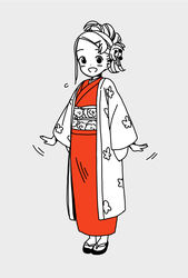  :d alternate_hairstyle arms_at_sides commentary_request dot_nose female floral_print forehead full_body grey_background greyscale hair_ornament hair_stick hairclip haori happy highres hitoribocchi_no_marumaru_seikatsu japanese_clothes katsuwo_(cr66g) kimono long_sleeves looking_at_viewer monochrome motion_lines open_mouth print_kimono red_kimono sandals sash short_hair simple_background smile solo sotoka_rakita split_mouth spot_color standing wide_sleeves zouri 