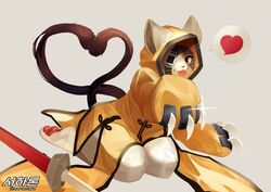  2_tails arc_system_works beastkin black_body black_fur blazblue claws clothed clothing digital_media_(artwork) domestic_cat eye_patch eyewear fangs felid feline felis fur gesture harontora heart_symbol hi_res hoodie jubei_(blazblue) male mammal melee_weapon multi_tail multicolored_body multicolored_fur pawpads red_eyes signature simple_background sitting_on_knees solo speech_bubble sword tail tail_gesture tail_heart teeth tongue tongue_out topwear two_tone_body two_tone_fur weapon whiskers white_body white_fur 