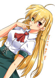  ahoge artist_name blonde_hair collared_shirt commentary_request cosplay dated einhard_stratos einhard_stratos_(cosplay) female finger_to_mouth green_eyes green_skirt hair_between_eyes heterochromia high-waist_skirt highres long_hair looking_at_viewer lyrical_nanoha mahou_shoujo_lyrical_nanoha_vivid neckerchief red_eyes red_neckerchief san-pon shirt short_sleeves sidelocks simple_background skirt solo vivio white_background white_shirt 