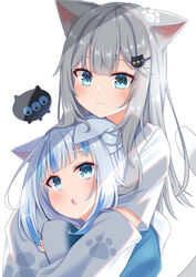  2girls :3 :o animal_ears blue_eyes blue_hair blue_hoodie blue_nails blush cat_ears cat_girl cat_tail commentary divergenceok gawr_gura gawr_gura_(1st_costume) grey_hair hair_ornament highres hololive hololive_english hood hoodie hug hug_from_behind indie_virtual_youtuber long_hair long_sleeves looking_at_another multicolored_hair multiple_girls nachoneko nail_polish paw_print shirt simple_background sleeves_past_wrists streaked_hair symbol-only_commentary tail upper_body virtual_youtuber white_background white_shirt 