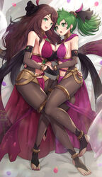  2girls absurdres alternate_costume anklet asymmetrical_docking bad_id bad_twitter_id bare_shoulders blush breast_press breasts brown_hair cleavage commentary_request dancer dorothea_arnault dorothea_arnault_(plegian) earrings fire_emblem fire_emblem:_genealogy_of_the_holy_war fire_emblem:_three_houses fire_emblem_heroes full_body gonzarez green_eyes green_hair hair_ornament hand_on_another&#039;s_hip highres holding_hands interlocked_fingers jewelry large_breasts lene_(fire_emblem) lene_(plegian)_(fire_emblem) loincloth long_hair looking_at_viewer lying multiple_girls nail_polish navel official_alternate_costume on_side open_mouth pelvic_curtain petals ponytail revealing_clothes shiny_clothes shiny_skin sideboob simple_background skin_tight smile stomach tied_hair toeless_legwear toenail_polish toenails toes white_background 