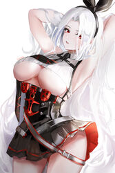  absurdres armpits arms_behind_head arms_up azur_lane bare_shoulders breasts cleavage collared_shirt crop_top detached_sleeves eyes_visible_through_hair female hair_over_one_eye hair_ribbon highres large_breasts lens_flare lielac long_hair looking_at_viewer mole mole_under_eye prinz_heinrich_(azur_lane) red_eyes ribbed_shirt ribbon shirt sleeveless sleeveless_shirt solo thighs underboob underbust very_long_hair white_hair white_shirt 