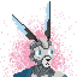  1:1 2021 android anthro blue_eyes bust_portrait digital_media_(artwork) face_plate frown justice_(miwauturu) lagomorph leporid looking_aside machine male mammal pixel_(artwork) portrait rabbit robot sash simple_background solo vinblairartist 