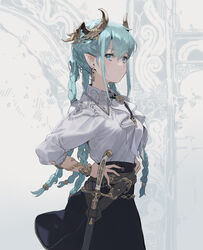  aqua_hair ascot belt black_skirt blue_eyes blush bracelet braid breasts brown_belt closed_mouth dragon_horns earrings female hands_on_own_hips highres hirooka_masaki horns jewelry long_hair long_sleeves looking_at_viewer original pointy_ears quad_braids sheath sheathed shirt sidelocks skirt solo sword upper_body weapon white_ascot white_shirt 