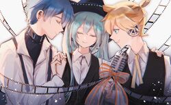  aqua_hair blonde_hair blue_eyes blue_hair closed_eyes commentary film_strip hand_on_another&#039;s_shoulder happy_end_(vocaloid) hat hatsune_miku highres holding_hands kagamine_len kaito_(vocaloid) libertyp long_sleeves microphone_stand ribbon shirt smile twintails vest vocaloid 