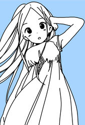  arm_at_side arm_up blue_background blue_theme blush breasts casual commentary_request dot_nose dress female floating_hair forehead from_below hand_on_own_head highres hitoribocchi_no_marumaru_seikatsu katsuwo_(cr66g) long_hair monochrome open_mouth simple_background sleeveless sleeveless_dress solo sotoka_rakita split_mouth sundress 