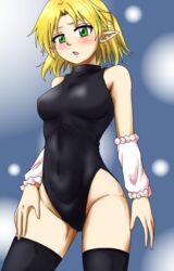  arm_warmers bare_shoulders black_leotard black_thighhighs blonde_hair blush commentary_request covered_navel cowboy_shot d-m_(dii_emu) embarrassed female green_eyes hand_on_own_leg highleg highleg_leotard highres leotard looking_at_viewer mizuhashi_parsee open_mouth pointy_ears short_hair skin_tight sleeveless sleeveless_turtleneck sleeveless_turtleneck_leotard solo standing thighhighs touhou turtleneck turtleneck_leotard 