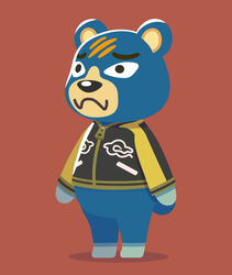  2021 animal_crossing anthro bear biped black_nose blue_body clothed clothing groucho_(animal_crossing) kopa_nishikida male mammal nintendo red_background scar simple_background solo 