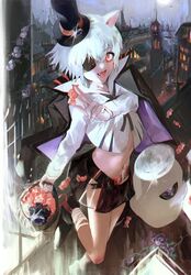  absurdres animal_ears arknights capelet click_(arknights) click_(grave_thief)_(arknights) commentary eyepatch female halloween hat highres mouse_ears mouse_girl navel official_alternate_costume red_eyes short_hair shorts solo tongue tongue_out top_hat waiomori white_hair 