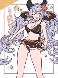  bare_shoulders bikini black_bikini blush border breasts cleavage collarbone commentary_request dotted_line female flower granblue_fantasy grey_hair grid_background hair_flower hair_ornament highres large_breasts ll_0109 long_hair looking_at_viewer low_twintails navel open_mouth outside_border purple_eyes satyr_(granblue_fantasy) smile solo star_(symbol) swimsuit thighs translation_request twintails very_long_hair 