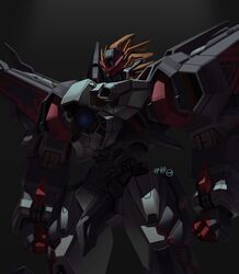  artist_name asmodeus_(iron_saga) black_background chinese_commentary clenched_hands iron_saga looking_down mecha no_humans robot science_fiction shadow solo v-fin yi_huizi 