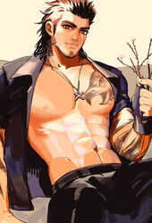  1boy abs bara bare_pectorals beard belt between_pectorals black_pants branch bulge cherry_blossoms facial_hair final_fantasy final_fantasy_xv gladiolus_amicitia hair_slicked_back highres holding jewelry large_pectorals leather leather_pants long_sideburns looking_at_viewer male_focus mature_male medium_hair muscular muscular_male navel necklace nipples open_clothes open_shirt pants pectorals scar scar_across_eye scar_on_face sideburns smile solo stomach stubble thick_eyebrows tokumei_wombat undercut 