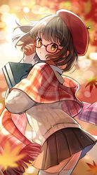  adjusting_eyewear autumn_leaves beret black_skirt blurry blurry_background bokeh book brown_hair depth_of_field female glasses hat highres holding holding_book leaf lens_flare looking_at_viewer looking_back mahjong_soul maple_leaf ninomiya_hana plaid plaid_scarf pleated_skirt red-framed_eyewear red_hat scarf skirt solo standing sweater thighhighs yellow_eyes yukimaru_nun 