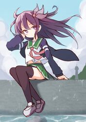  absurdres arm_support blue_sky blush brown_thighhighs closed_mouth cloud cloudy_sky commentary_request day female floating_hair full_body green_sailor_collar green_skirt grey_footwear hair_between_eyes highres ichi_(ichi.colors) jacket kantai_collection kisaragi_(kancolle) kisaragi_kai_ni_(kancolle) loafers long_hair long_sleeves neckerchief open_clothes open_jacket outdoors pleated_skirt purple_eyes purple_hair purple_jacket red_neckerchief sailor_collar shirt shoes skirt sky smile solo thighhighs very_long_hair water white_shirt wind 