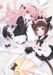  2girls alternate_costume animal_ears apron azur_lane black_bow blush bow brown_hair cat_ears cat_tail closed_mouth dress enmaided feline flower frills green_eyes hair_between_eyes highres kisaragi_(azur_lane) long_hair looking_at_viewer lying maid maid_apron maid_headdress multiple_girls mutsuki_(azur_lane) no_shoes on_side open_mouth pantyhose pf pink_hair puffy_sleeves purple_eyes rabbit ribbon short_hair sleeveless sleeveless_dress smile socks tail white_pantyhose white_socks wide_sleeves 