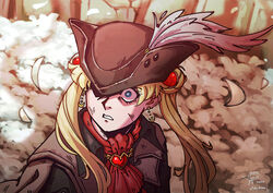  artist_name ascot bishoujo_senshi_sailor_moon bishoujo_senshi_sailor_moon_s blonde_hair bloodborne blue_eyes brown_hat coat commentary cosplay crescent crescent_earrings dated derivative_work double_bun ear_piercing earrings english_commentary feathers female gem hair_bun hair_ornament hat heart heart_necklace highres jewelry lady_maria_of_the_astral_clocktower lady_maria_of_the_astral_clocktower_(cosplay) long_hair looking_at_viewer meme necklace piercing red_ascot sailor_moon sailor_moon_redraw_challenge_(meme) screenshot_redraw solo surprised tricorne tsukino_usagi twintails upper_body za1f0n 