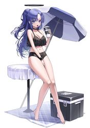  absurdres bare_arms bare_legs bare_shoulders barefoot bikini black_bikini black_choker blue_archive blue_eyes blush breasts choker cleavage cup disposable_cup female full_body halo highres holding holding_cup large_breasts long_hair mechanical_halo open_mouth parasol ponytail purple_hair sbgu simple_background solo swimsuit umbrella white_background yuuka_(blue_archive) 