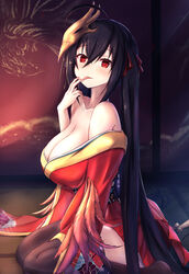  ahoge amano_kusatsu azur_lane bare_shoulders black_hair black_thighhighs blush breasts cleavage collarbone commentary_request crossed_bangs feathers female finger_to_mouth from_side hair_between_eyes hakama hakama_short_skirt hakama_skirt highres japanese_clothes kimono large_breasts long_hair mask mask_on_head off_shoulder partial_commentary red_eyes red_kimono sitting skirt solo taihou_(azur_lane) thighhighs thighs tongue tongue_out very_long_hair wariza 