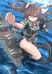  :3 black_footwear black_gloves boots bow bowtie breasts brown_hair commentary day elbow_gloves female gloves hair_between_eyes hair_ribbon highres kantai_collection knee_boots leg_up long_hair ocean outdoors pelvic_curtain pose red_bow red_bowtie ribbon rigging short_sleeves single_elbow_glove single_glove solo sparkle sparkling_eyes standing standing_on_one_leg tone_(kancolle) tone_kai_ni_(kancolle) twintails water zombie_mogura 