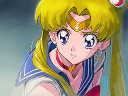  bishoujo_senshi_sailor_moon bishoujo_senshi_sailor_moon_s blonde_hair blue_eyes blue_sailor_collar breasts choker cleavage collarbone commentary crescent crescent_earrings derivative_work diadem earrings female hair_bun hair_over_shoulder heart heart_choker itou_ikuko_(style) jewelry long_hair magical_girl meme red_choker sailor_collar sailor_moon sailor_moon_redraw_challenge_(meme) sailor_senshi_uniform screenshot_redraw single_hair_bun solo tanaka_masayoshi tsukino_usagi twintails upper_body 