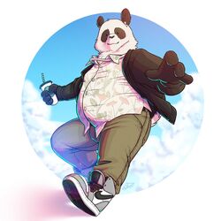  1:1 2020 anthro bear belly black_body black_fur black_nose bottomwear clothing endcoon fur giant_panda humanoid_hands male mammal overweight overweight_anthro overweight_male pants shirt solo topwear white_body white_fur 