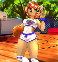  5_fingers absurd_res ambii anthro ball basketball_(ball) basketball_court basketball_hoop basketball_uniform blue_bottomwear blue_clothing blue_topwear bottomwear breasts caliluminos cervine clothing collarbone cosplay deer ear_piercing ear_ring female fingers fur gesture green_eyes hair hand_gesture hi_res mammal midriff navel piercing plant ring_piercing solo space_jam sportswear tongue topwear tree tune_squad_outfit tune_squad_outfit_(1996) uniform v_sign warner_brothers white_bottomwear white_clothing white_topwear 