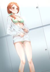  :o absurdres ass_visible_through_thighs bad_id bad_pixiv_id bikini blush bow braid breasts brown_eyes brown_hair chromatic_aberration collarbone commentary_request dutch_angle feet_out_of_frame female green_bikini green_bow hairbow highres hojo_karen idolmaster idolmaster_cinderella_girls indoors korean_commentary long_hair long_sleeves medium_breasts no_pants pharamacom shirt solo standing sweater swimsuit white_shirt zipper 