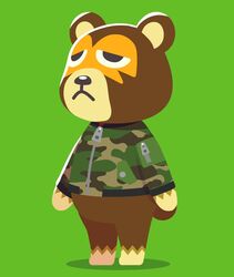  2021 animal_crossing anthro bear black_nose brown_body green_background ike_(animal_crossing) kopa_nishikida male mammal nintendo simple_background solo 