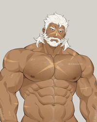  1boy abs arm_hair bara beard blue_eyes chest_hair completely_nude cookie_run cross_scar dark-skinned_male dark_skin facial_hair groin hairy highres humanization large_pectorals looking_at_viewer male_focus mature_male medium_hair muscular muscular_male navel navel_hair nipples nude obliques pectorals scar scar_on_chest scar_on_face scar_on_forehead solo stomach tea_knight_cookie thick_eyebrows upper_body veins white_hair zagghov 