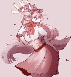  2020 5_fingers anthro antlers blush breasts clothed clothing deer dress female fingers flower fully_clothed hair hi_res horn kitsuneten long_hair mammal medium_breasts pink_background pink_theme plant red_bow simple_background snout solo standing 