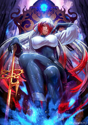  asmodeus_(megido72) black_bodysuit black_gloves blue_fire bodysuit boots breasts commentary_request crossed_legs evil_smile female fire glint gloves grey_hair hair_over_one_eye highres hotaruika_niji impossible_clothes impossible_leotard large_breasts leotard long_hair looking_at_viewer megido72 multicolored_hair red_eyes red_hair sitting skin_tight smile solo sword throne two-tone_hair very_long_hair weapon 