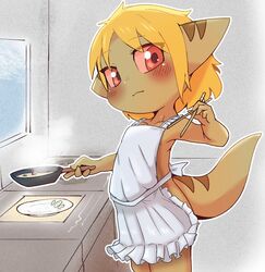  adult_(lore) anthro apron apron_only bamfear blonde_hair blush brown_body chopsticks clothing cooking cookware doneru female flat_chested food frilly frilly_apron frilly_clothing frying_pan hair hi_res holding_object inside kitchen_utensils looking_at_viewer mostly_nude simple_background solo tany_(doneru) tools young young_anthro young_female 