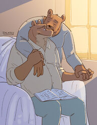  2023 absurd_res anthro bear bolero_(ernest_and_celestine) book brown_body closed_eyes duo ernest_(ernest_and_celestine) ernest_and_celestine eyewear glasses hand_holding hi_res humanoid_hands jackiry kissing male male/male mammal overweight overweight_male sitting 