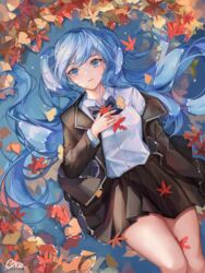  artist_name autumn autumn_leaves black_jacket black_skirt blue_bow blue_bowtie blue_eyes blue_hair blush bow bowtie breasts closed_mouth collared_shirt commentary day feet_out_of_frame female from_above hand_on_own_chest hatsune_miku highres jacket leaf long_hair long_sleeves looking_at_viewer lying maple_leaf off_shoulder on_back outdoors partially_submerged pleated_skirt qie shirt skirt small_breasts solo twintails upturned_eyes very_long_hair vocaloid water white_shirt 