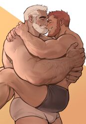  2boys age_difference arm_hair ass bara beard black_male_underwear blush bulge carrying couple dopey_(dopq) face-to-face facial_hair from_side highres hug kissing kissing_nose legs_apart male_focus male_underwear mature_male multiple_boys muscular muscular_male orange_hair original short_hair stomach thighs topless_male underwear underwear_only veins white_hair white_male_underwear yaoi 