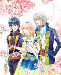  1boy 2girls belt bisexual_female blue_hair closed_eyes collar fingerless_gloves flower gloves grey_hair half_updo harukanaru_toki_no_naka_de harukanaru_toki_no_naka_de_5 hasumi_yuki_(harukanaru) japanese_clothes kimono kiryuu_shun laughing multiple_girls naguy_(nagui) open_mouth photoshop_(medium) pink_hair reverse_trap short_hair skirt smile straight thighhighs translated yakumo_miyako zettai_ryouiki 