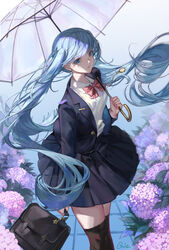  arm_at_side artist_name bag black_bag black_jacket black_skirt black_thighhighs blazer blue_eyes blue_hair bow bowtie breasts buttons collared_shirt commentary earrings english_commentary feet_out_of_frame female floating_hair flower hand_up hatsune_miku highres holding holding_bag holding_umbrella hydrangea jacket jewelry leaf long_hair looking_at_viewer looking_up medium_breasts outdoors parted_lips pendant_watch pink_bow pink_bowtie plant pleated_skirt purple_flower qie school_bag school_uniform shade shirt sideways_glance skirt solo standing stud_earrings thighhighs transparent transparent_umbrella twintails umbrella very_long_hair vocaloid watch white_shirt 