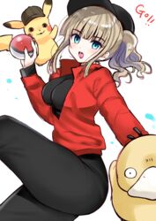  baseball_cap black_headwear black_pants blue_eyes blush breasts brown_hair brown_headwear commentary deerstalker detective_pikachu detective_pikachu_(character) detective_pikachu_(movie) female hat highres holding holding_poke_ball jacket long_sleeves looking_at_viewer lucy_stevens medium_breasts open_mouth pants pikachu poke_ball poke_ball_(basic) pokemon pokemon_(creature) ponytail psyduck red_jacket shiwasu_horio sidelocks simple_background white_background 