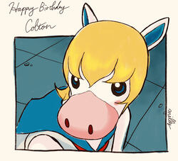  1boy animal_crossing animal_ears artist_name bishoujo_senshi_sailor_moon bishoujo_senshi_sailor_moon_s blonde_hair blue_eyes blue_sailor_collar blush_stickers character_name colton_(animal_crossing) commentary_request cosplay derivative_work hair_between_eyes happy_birthday horse horse_ears male_focus meme milly_(illst) sailor_collar sailor_moon sailor_moon_(cosplay) sailor_moon_redraw_challenge_(meme) sailor_senshi_uniform screenshot_redraw short_hair solo 