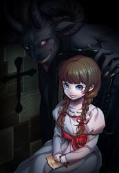  1other annabelle:_creation annabelle_(annabelle) annabelle_(movie) black_skin blue_eyes blush braid brown_hair chair colored_sclera colored_skin commentary_request crayon cross dark demon demon_horns doll dress evil_grin evil_smile eyelashes facial_hair female goatee grin hair_ribbon highres horns long_hair makeup pages paper red_lips red_ribbon red_sclera ribbon save_(naita_aooni) sharp_teeth sitting smile teeth twin_braids white_dress writing yellow_nails 