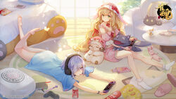  2girls barefoot bed blonde_hair bloomers book bow bracelet bug butterfly can cellphone chips_(food) coca-cola coffee_mug commentary_request controller copyright_name copyright_notice cup detached_sleeves drink_can drinking_straw eliisa_(mahjong_soul) feet food game_cg game_controller green_eyes headphones highres holding holding_controller holding_game_controller jewelry lay&#039;s_(potato_chips) leaf light logo long_hair looking_at_another looking_at_object lying mahjong mahjong_soul mahjong_tile manga_(object) mug multiple_girls nintendo_switch official_art on_floor on_stomach pen phone pillow plant pocky potato_chips purple_eyes purple_hair red_bow rug sheep shine_cheese smartphone soda_can stuffed_animal stuffed_rabbit stuffed_toy stuffed_wolf sunlight suzumiya_anju underwear window wrist_cuffs 