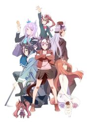  1boy 6+girls amulet animal_costume animal_ears bag bear_costume black_jacket blue_coat boots bow bowtie brown_hair brown_shorts carrot chibi coat commentary_request company_connection copyright_request cosplay crossed_arms daiwa_scarlet_(umamusume) dress ear_bow eyepatch frown fur-trimmed_coat fur_trim gold_ship_(umamusume) green_jacket hair_over_one_eye hairband holding holding_weapon horse_ears horse_girl horse_tail irozuku_sekai_no_ashita_kara jacket jewelry long_hair long_sleeves looking_at_viewer maquia_(sayoasa) maquia_(sayoasa)_(cosplay) mejiro_mcqueen_(umamusume) mikhail_(sirius) mikhail_(sirius)_(cosplay) mimuji_(shirobako) mimuji_(shirobako)_(cosplay) miyamori_aoi miyamori_aoi_(cosplay) multicolored_hair multiple_girls necklace one_eye_closed orange_hair parody_request pink_hair pom_pom_(cheerleading) ponytail purple_eyes red_jacket roro_(shirobako) roro_(shirobako)_(cosplay) sayonara_no_asa_ni_yakusoku_no_hana_wo_kazarou school_bag scythe seiza shinai shirobako short_hair shorts shoulder_bag silence_suzuka_(umamusume) simple_background sitting smile special_week_(umamusume) sword tail team_spica&#039;s_trainer tenrou:_sirius_the_jaeger tokai_teio_(umamusume) trainer_(umamusume) tsuji_tomoko tsukishiro_hitomi tsukishiro_hitomi_(cosplay) tsukishiro_kohaku tsukishiro_kohaku_(cosplay) twintails two-tone_hair umamusume v-shaped_eyebrows vodka_(umamusume) weapon weapon_case white_background white_dress yuily_(sirius) yuily_(sirius)_(cosplay) 