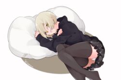  black_hoodie black_legwear black_nails black_skirt blonde_hair cat_hoodie_girl_(tsubaki_tsubara) female hood hoodie lying on_side original panties parted_lips pillow round_eyewear short_hair simple_background skirt thighhighs tsubaki_tsubaru underwear white_background white_panties yellow_eyes 